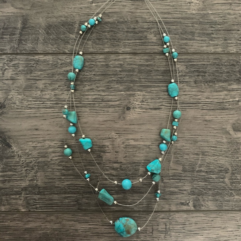 Turquoise Stone Bead Layered Silver Wire Necklace
